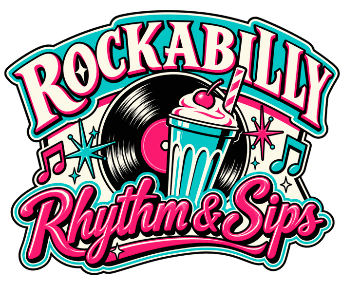 Rockabilly Rhythm and Sips logo: a vinyl record and a turquoise milkshake-style cup topped with whipped cream and a cherry, with retro stars and music notes.