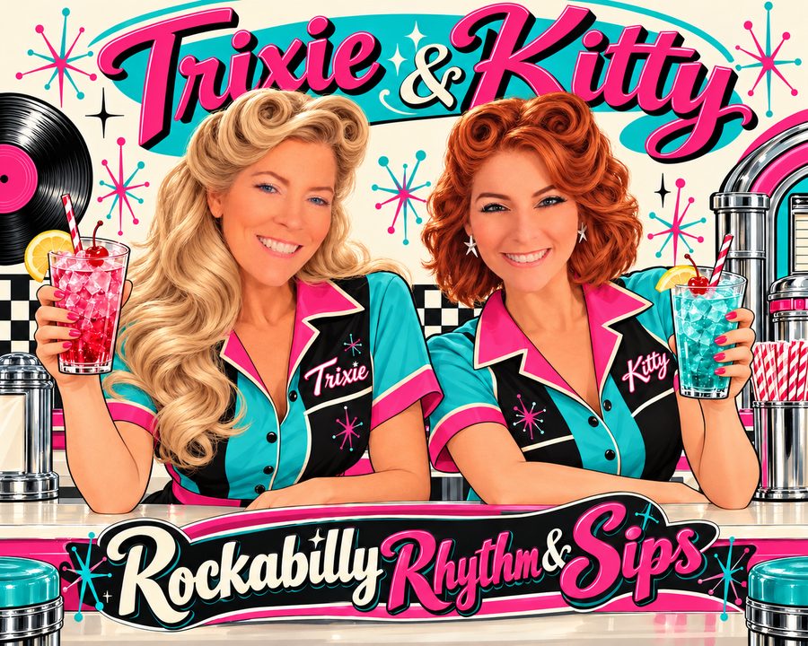 Illustration of Trixie and Kitty at a retro diner counter. Trixie, with long blonde pin curls, holds a red iced drink; Kitty, with red victory-roll curls, holds a turquoise iced drink. Both wear matching turquoise, pink and black diner shirts with their names stitched on.